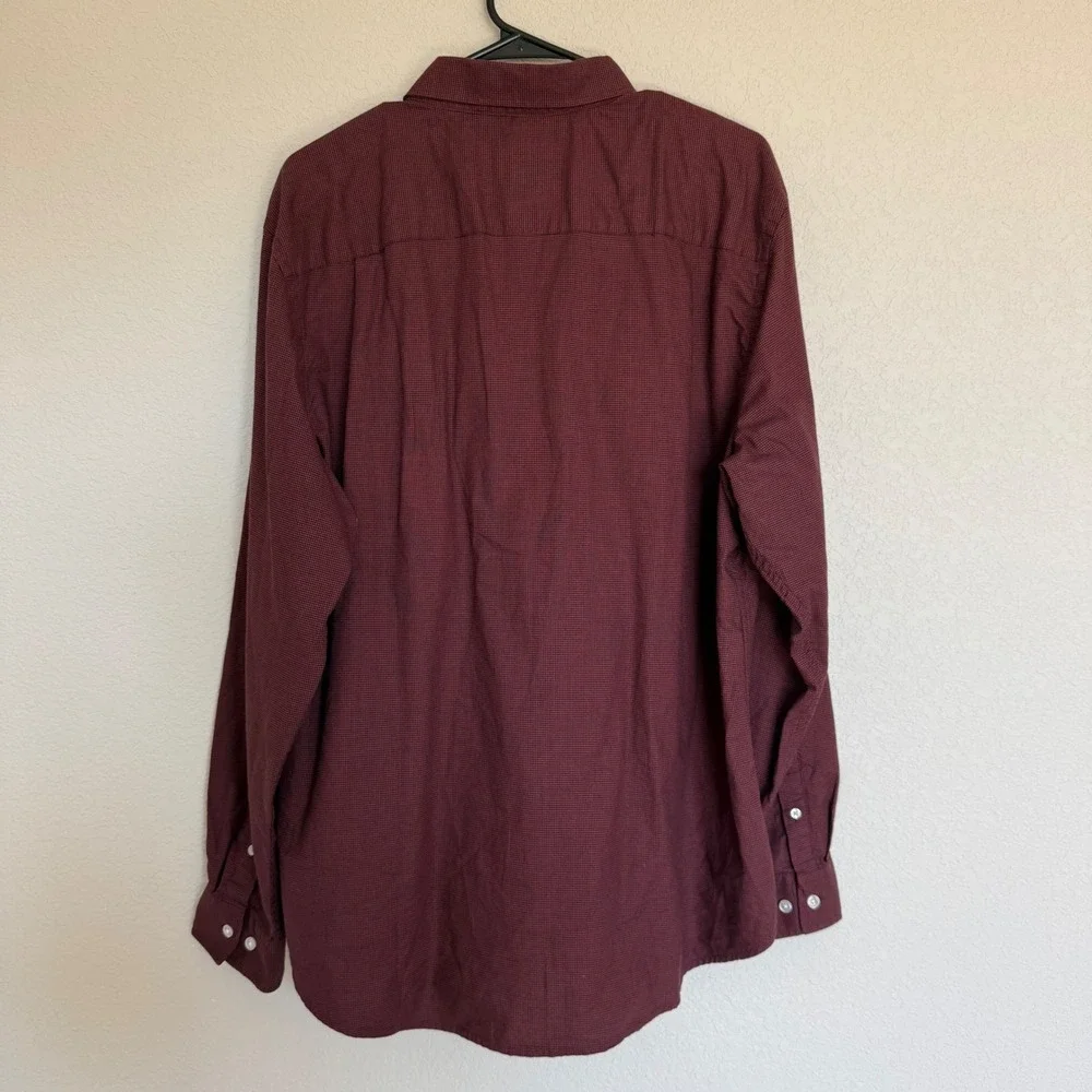 Ted Baker Mens Burgundy Micro Houndstooth Button Down Shirt Long Sleeve Cotton